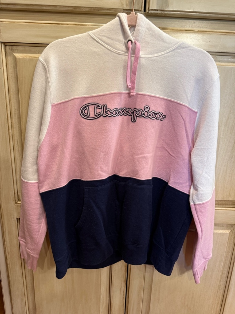 Champion Pink White Navy Colorblock Pullover Hoodie